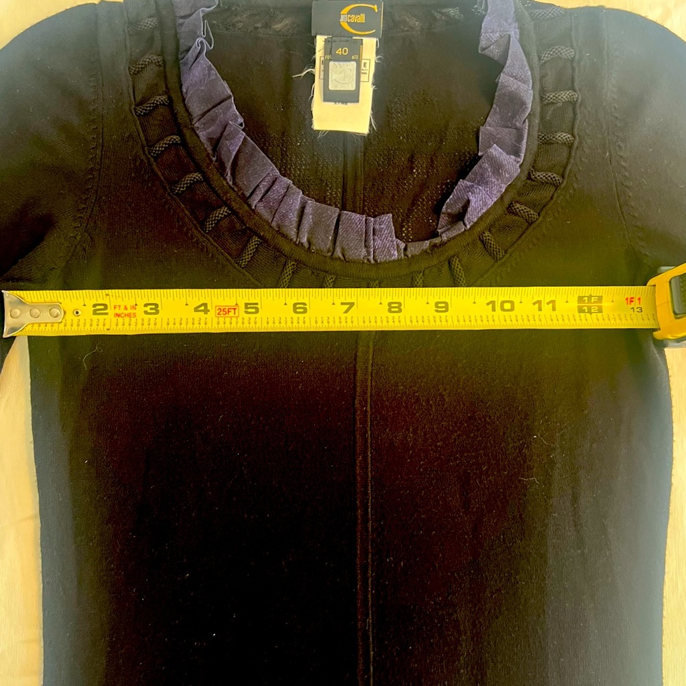 Just Cavalli minimal black stretch knit blouse/pullover with silk collar detail